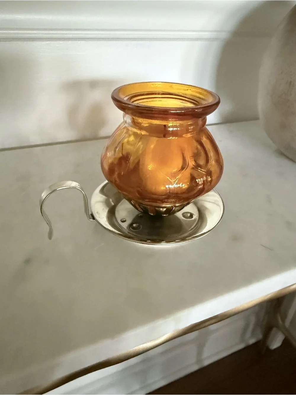 Vintage Amber Glass Candle Holder with Silver-Tone Base